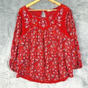 Womens Top Large Red Boho Floral Crochet Lace Gauze Peasant‎ Hippie Feminine